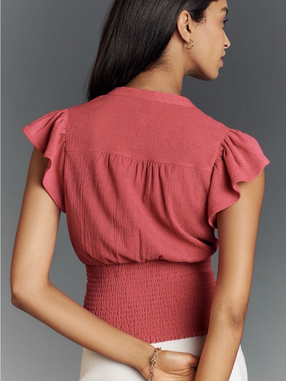 Maeve Rose-Pink Smocked Button-Front Blouse - Picture 2 of 5